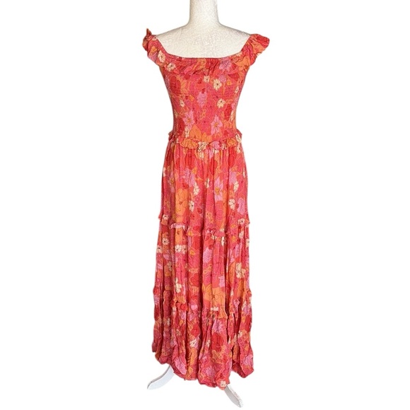 Abel the Label Coral Orange Pink Floral Print Smocked Off Shoulder Maxi Dress XS - Picture 4 of 14